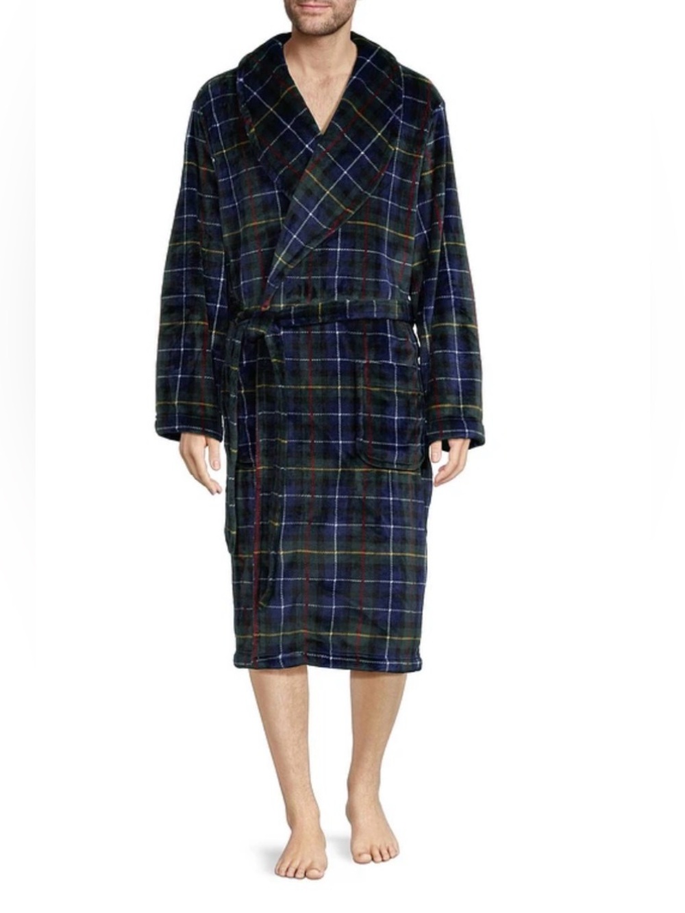 Roundtree & Yorke Navy and Green Plaid Shawl Collar Robe